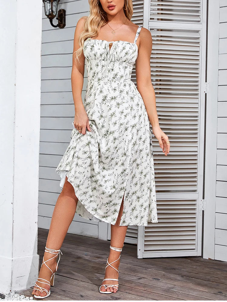 NewAsia Floral Print Summer Midi Dress Boned Tie Up Split Adjustable Strapes Zip Casual Party Dresses Beach Women Vestido 2024