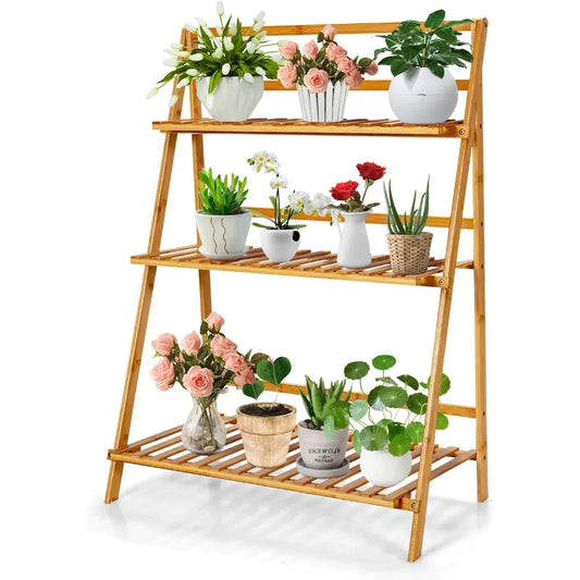 3-Tier Bamboo Plant Stand & Foldable Storage Shelf