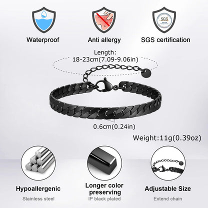 Vnox Gothic Black Cuban Chain Bracelets for Men, Stainless Steel Flat Miami Curb Links Wristband, Simple Metal Jewelry