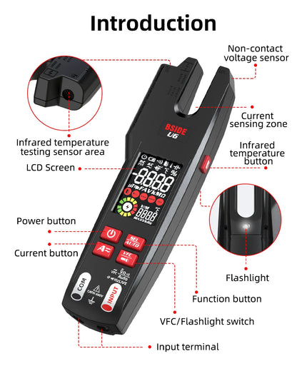 BSIDE Professional Digital Clamp Meter U6 Fork 600A Ammeter Pliers T-RMS DC AC Current OpenJaw Electrical Tester Auto Multimeter