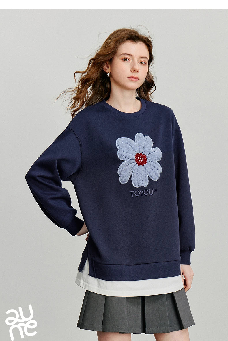 TOYOUTH Women Hoodies Sweatshirt 2025 Autumn New Plush Flower Printed Contrasting Color Splicing Fake Two Piece Cotton Pullover