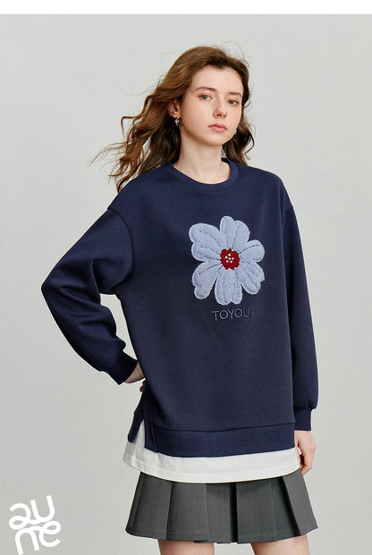 TOYOUTH Women Hoodies Sweatshirt 2025 Autumn New Plush Flower Printed Contrasting Color Splicing Fake Two Piece Cotton Pullover