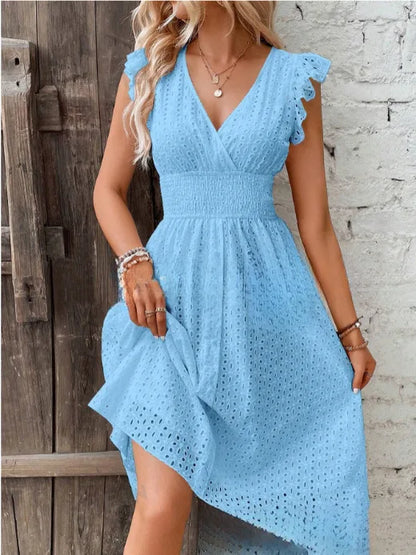 White Lace V-Neck A-Line Mini Dress – Elegant Summer Beachwear