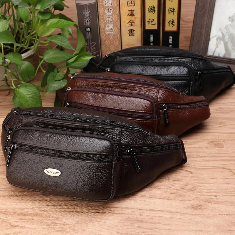 Genuine Leather Men Waist Fanny Pack Bags Sling Chest Pocket Pouch Travel Hiking Male Real Cowhide Loop Hip Belt Bum Bag