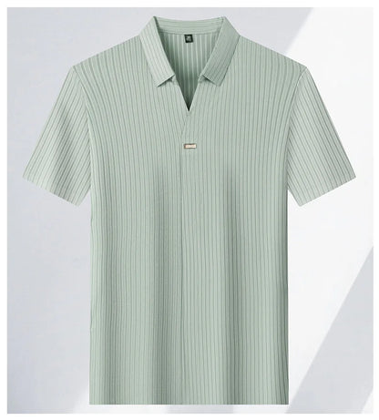 Men’s Breathable Ice Silk Stripe Polo Shirt – Summer Casual