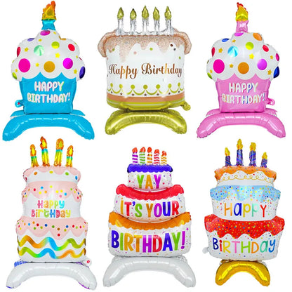 Birthday Cake Balloon with Base Standing Foil Balloon Cute Cake Balloon Kids Boy Girl Birthday Party Decor Supplies Baby Shower