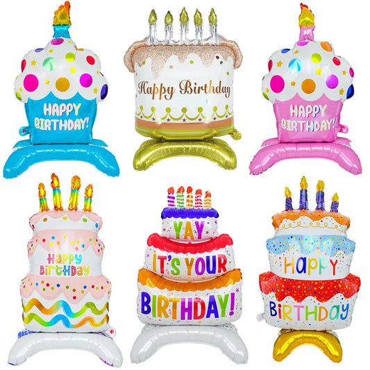 Birthday Cake Balloon with Base Standing Foil Balloon Cute Cake Balloon Kids Boy Girl Birthday Party Decor Supplies Baby Shower