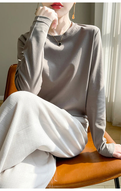 Spring Autumn 100% Cotton Long-Sleeved T-Shirt Women's Round Neck Mercerized Cotton Bottoming Shirt Loose Top