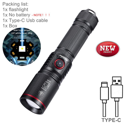 20W Zoom Round Beam Light LED High Power flashlight USB Rechargeable Torch Camping Outdoor Hunting Fishing Walking Lighting Lamp
