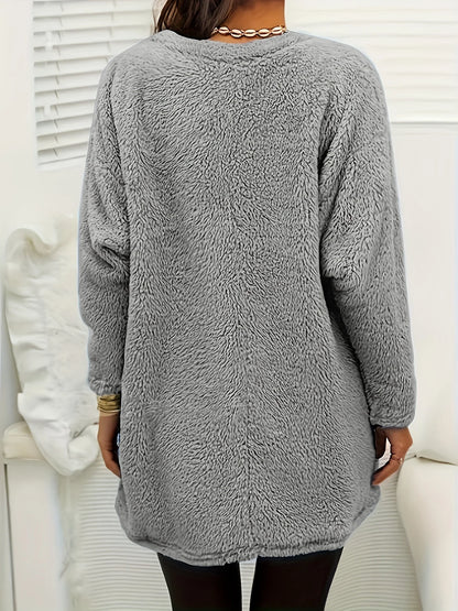 Plus Size Women Fleece Sweatshirt Solid Round Neck Soft Warm Sweater Casual Winter Long Sleeve Pullovers
