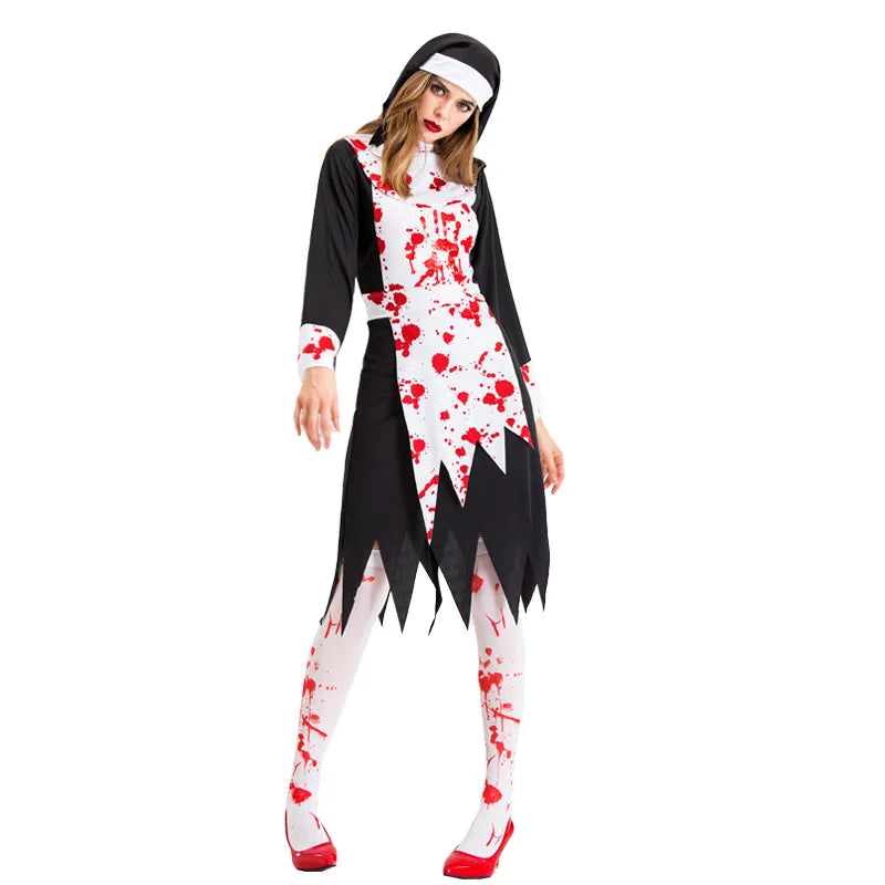 Halloween Costume for Women Nun Costume Cosplay Costumes Vampire Demon Costume Cross Print Long Dress Party Clothes