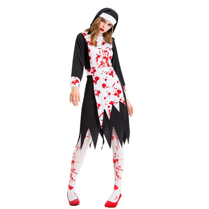 Halloween Costume for Women Nun Costume Cosplay Costumes Vampire Demon Costume Cross Print Long Dress Party Clothes