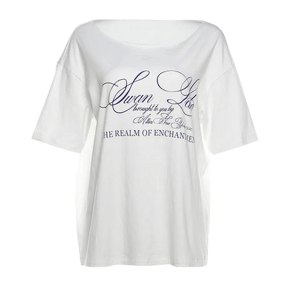 Casual Relax Woman T-shirt Letter 2025 Women Oversized One Shoulder Tops Versatile Street Atmosphere Style Fashionable Tops