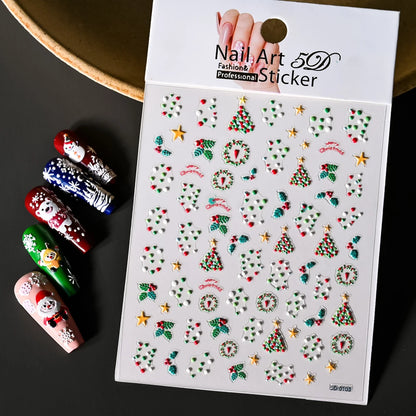 Cute Deer Christmas Nail Stickers 5D Embossed Elk Star Gingerbread Man Snowflake Santa Claus Holly DIY Winter Engraved Manicure*