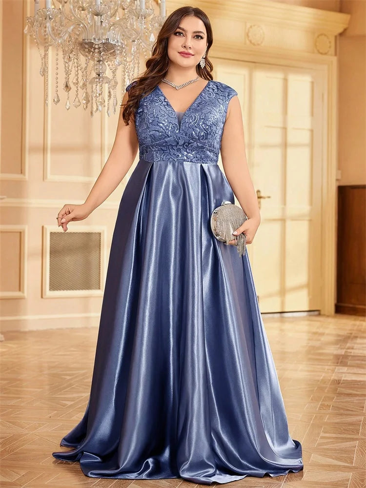 Plus Size Luxury Satin Sleeveless Evening Dress Elegant Long Sequin Splice A-line Formal Wedding Party Cocktail Gowns