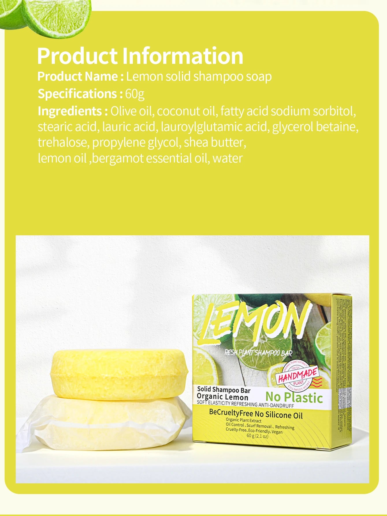 J+60g Nature Plant Lemon Solid Shampoo Refreshing Oil Control Shampoo Bar Extraction Dandruff Shampoo Vegan Soap