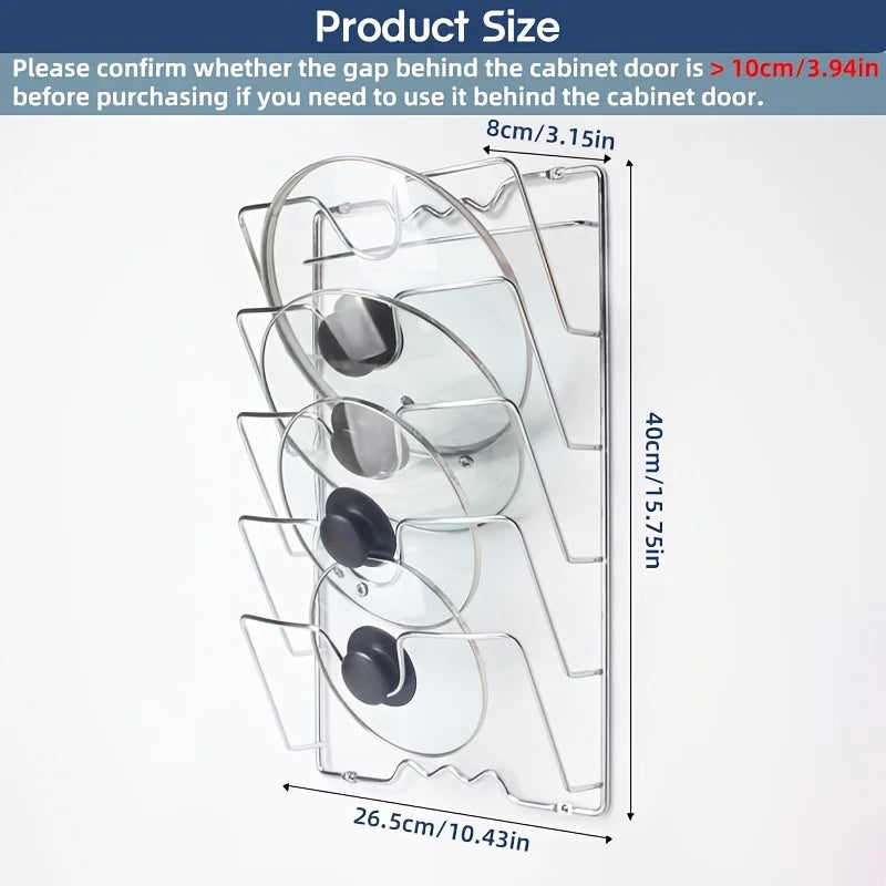 Wall-Mounted Pot Lid Organizer Rack – Multi-Tier Metal Storage for Kitchen