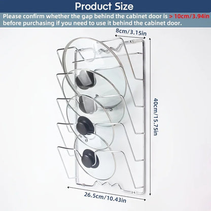 Wall-Mounted Pot Lid Organizer Rack – Multi-Tier Metal Storage for Kitchen