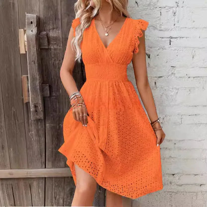 White Lace V-Neck A-Line Mini Dress – Elegant Summer Beachwear