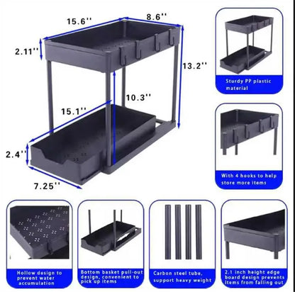 2-Tier Under Sink Organizer with Sliding Drawers & Hooks