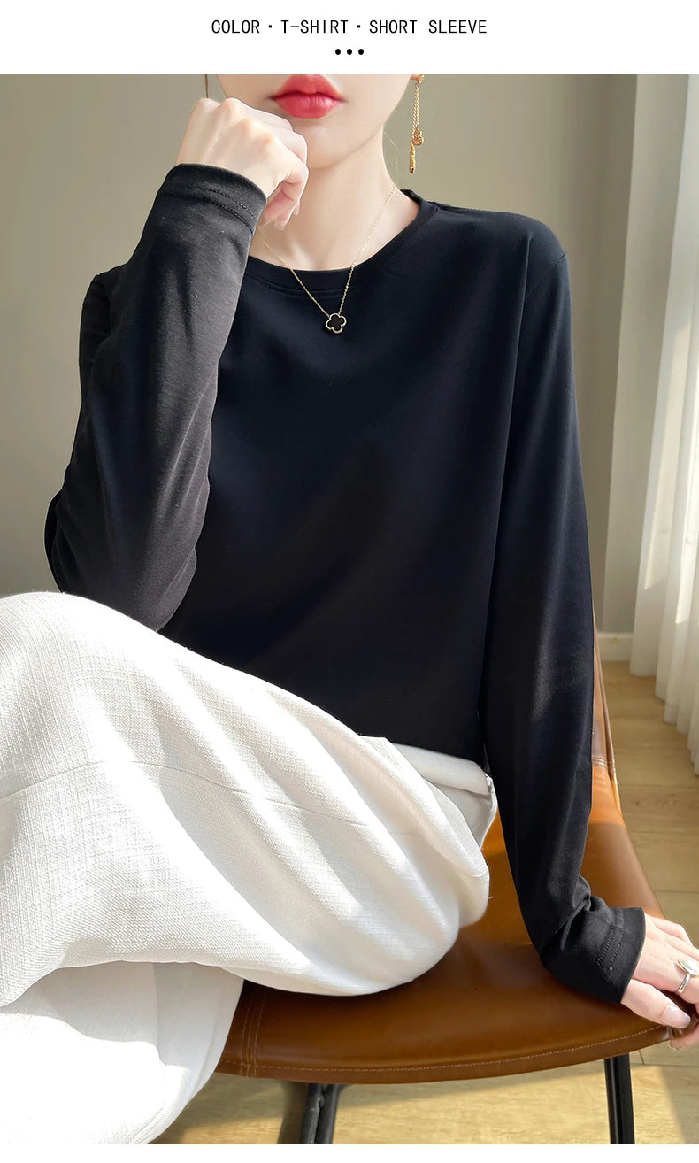 Spring Autumn 100% Cotton Long-Sleeved T-Shirt Women's Round Neck Mercerized Cotton Bottoming Shirt Loose Top