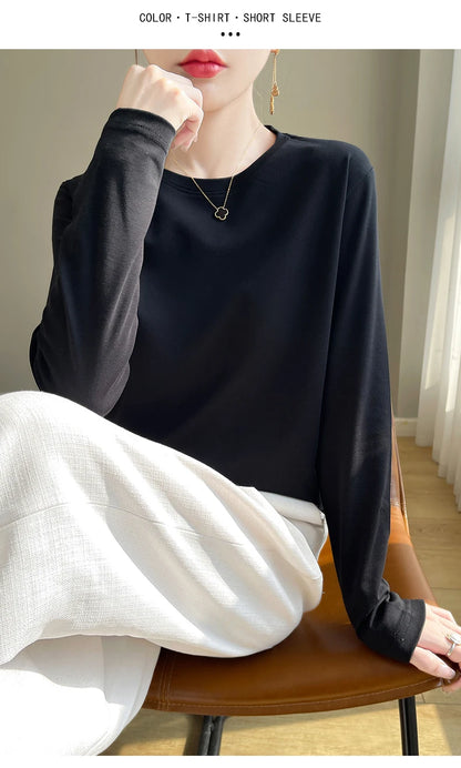 Spring Autumn 100% Cotton Long-Sleeved T-Shirt Women's Round Neck Mercerized Cotton Bottoming Shirt Loose Top