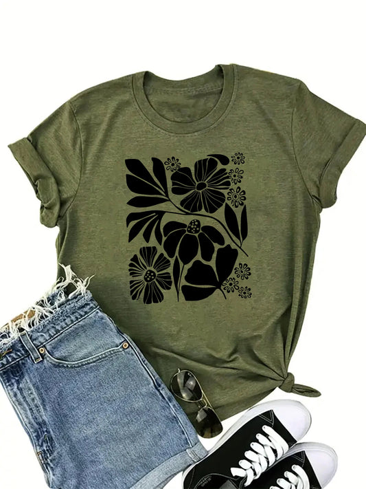 flower print t-shirt, short sleeve crew neck casual top for summer & sprng, women's clothing