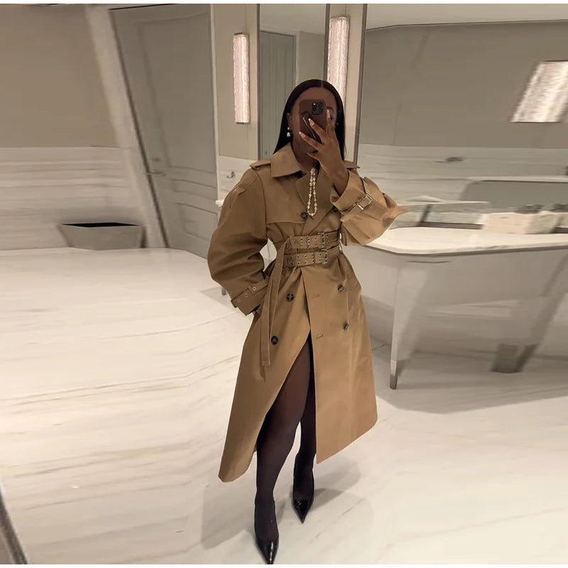 Double-Buckled Belted Hooded Trench Coat Oversized Long Sleeve Maxi 2025 Autumn Edgy Women Outerwear Fashion Trendy Lady Jacket