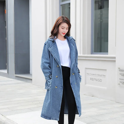 2025 Women's Denim Trench Coat Autumn Double Breasted Belted Casual Jean Overcoat Loose Long Windbreaker Jacket Couple Models