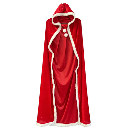 Christmas Shawl Cape Hooded Santa Claus Costume Red with Hat Cosplay Winter Warm Coat Holiday Performance Outfit Party Dress