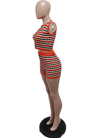 Beyprern Fashion Button Up Crochet Striped Crop Top And Matching Shorts Set Co Ord Sets For Women Knit Trakcksuits Sexy Clubwear