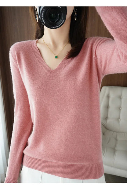 Women's Sweater 2025 Autumn Winter Knitted Pullovers V-neck Slim Fit Bottoming Shirt Solid Soft Knitwear Jumpers Basic Sweaters