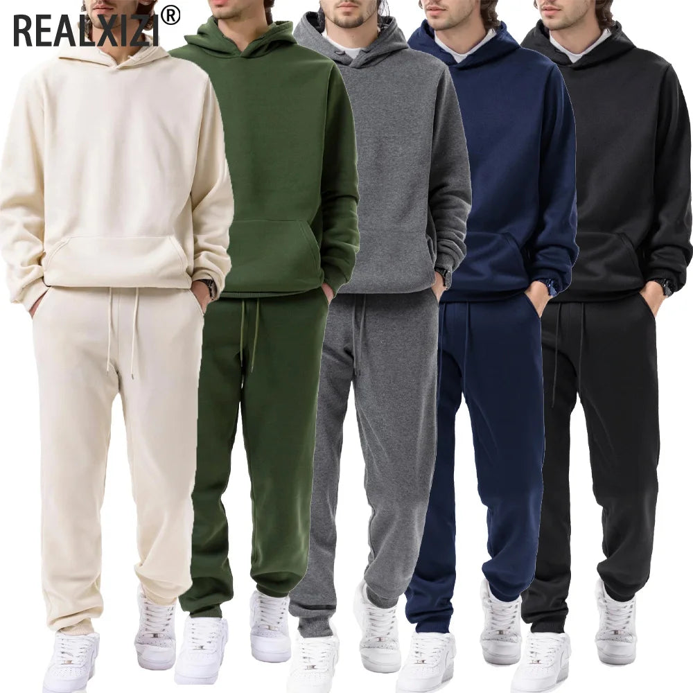 Men's Sports Suit Autumn and Winter Hoodie+pants 2-piece Set Fashionable Solid Color Casual Pullover and Pant Outdoor Sportswear
