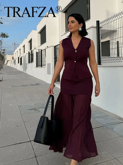 Elegant Wine Red Knitted Skirt Set for Women – V-Neck Vest & High-Waist Midi Skirt | Spring/Summer 2025