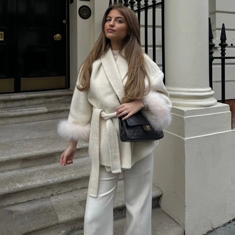 TARUXY Fox Fur Woolen Coats Women's Short Coat Office Lady Removable Elegant Double-sided Wool Overcoat 2025 New Cardigan Jacket