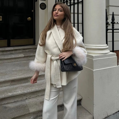 TARUXY Fox Fur Woolen Coats Women's Short Coat Office Lady Removable Elegant Double-sided Wool Overcoat 2025 New Cardigan Jacket