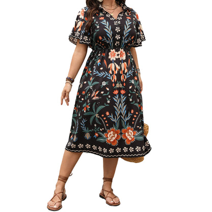 Women Plus Size V-Neck Maxi Dress Elegant Floral Print Short Sleeve Bohemian Party Dress for Summer Beach Wedding Guest