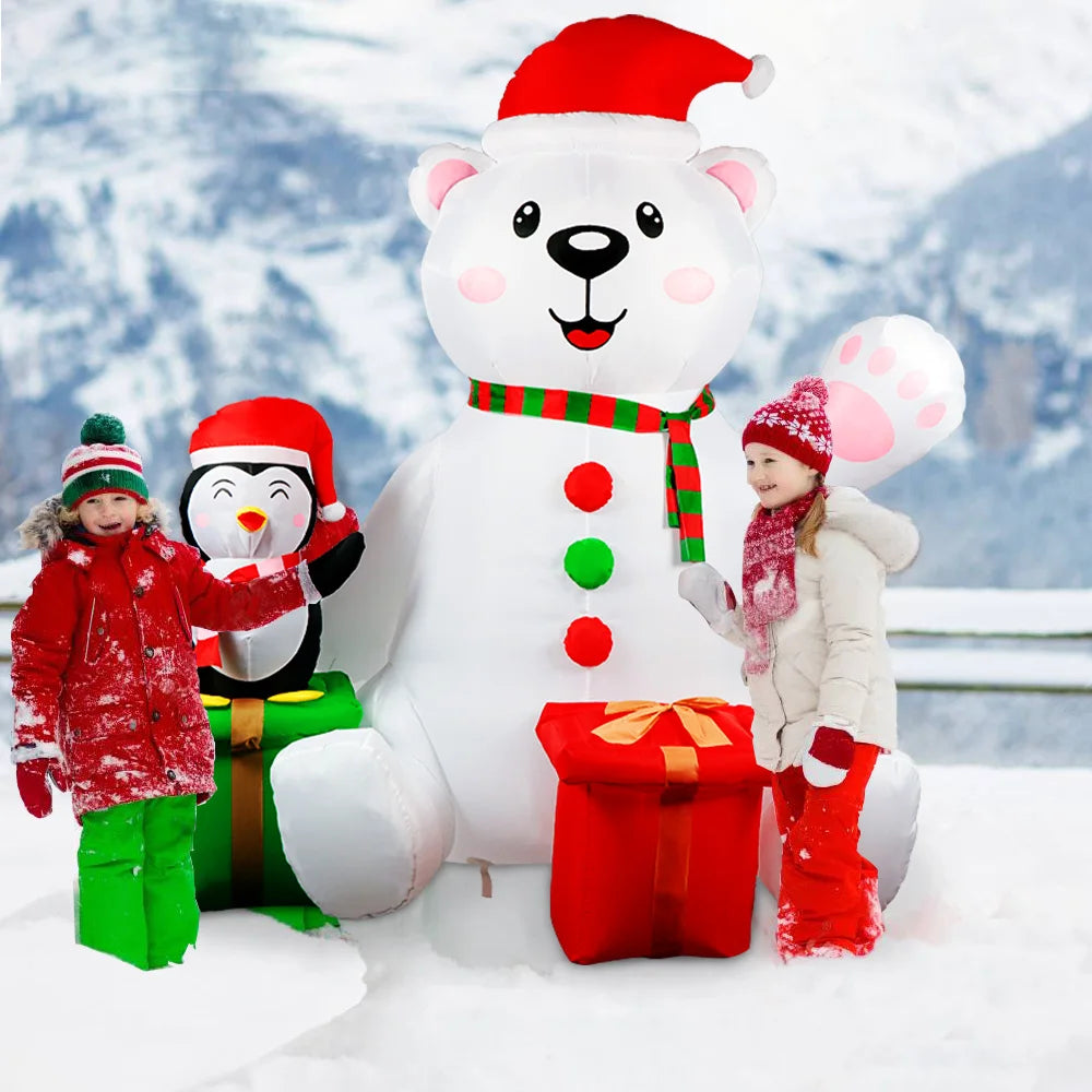 6FT Christmas Inflatables Outdoor Decorations Polar Bear Inflatable with Penguin Blow up with LED Light for Xmas Outdoor Decor