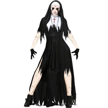 Halloween Costume for Women Nun Costume Cosplay Costumes Vampire Demon Costume Cross Print Long Dress Party Clothes