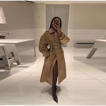 Double-Buckled Belted Hooded Trench Coat Oversized Long Sleeve Maxi 2025 Autumn Edgy Women Outerwear Fashion Trendy Lady Jacket
