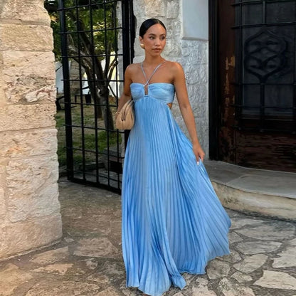 Women's Halter Backless Pleated Maxi Dress – Beach Vibes 2025
