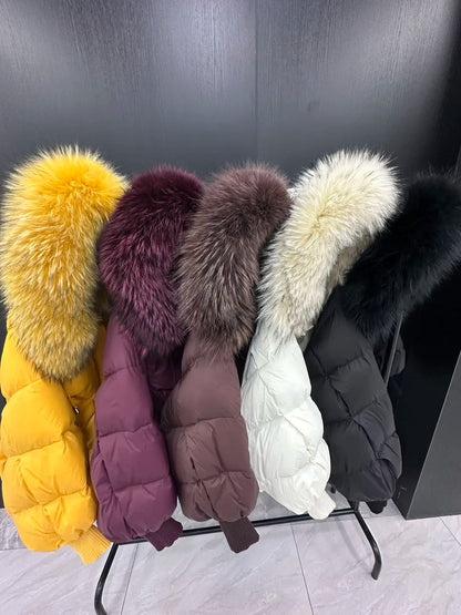 OFTBUY 2025 New Winter Large Real Fur Hooded Puffer Jacket Women Thicken Warm Knitted Sleeve Coat White Duck Down Mid Long Parka