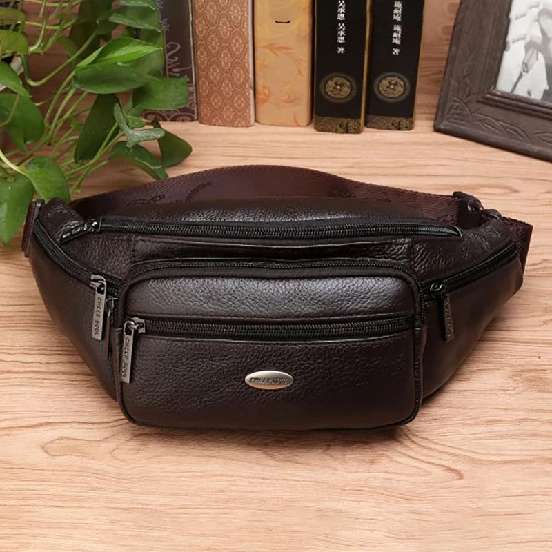 Genuine Leather Men Waist Fanny Pack Bags Sling Chest Pocket Pouch Travel Hiking Male Real Cowhide Loop Hip Belt Bum Bag