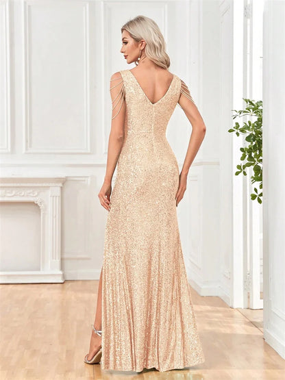 Elegant V-Neck Sequins Evening Dresses Long 2025 Luxury Women Formal Dress Wedding Party Prom Beading Cocktail Gowns