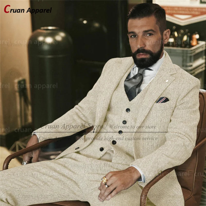 Brown Tweed Suits for Men Slim fit Classic Herringbone Businees Wedding Vintage Tuxedo Tailor-made Blazer Vest Pants 3 Piece Set