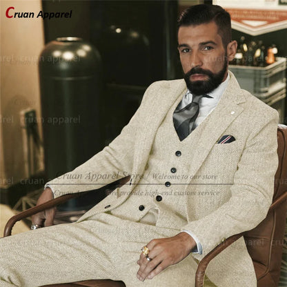 Brown Tweed Suits for Men Slim fit Classic Herringbone Businees Wedding Vintage Tuxedo Tailor-made Blazer Vest Pants 3 Piece Set