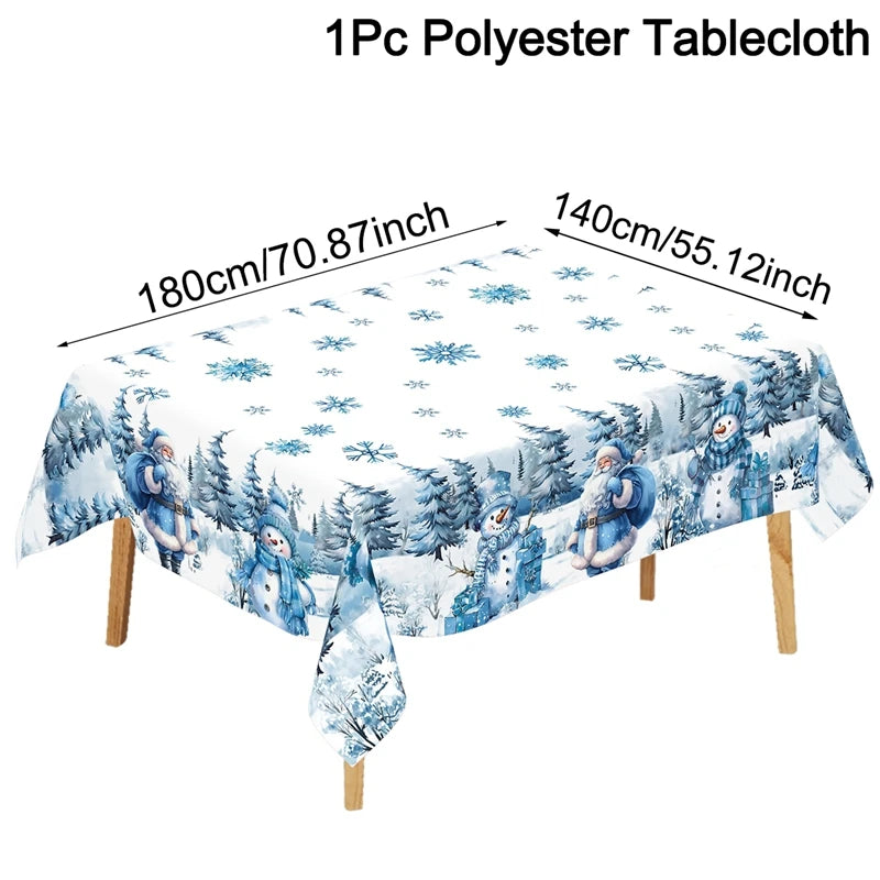 Blue Santa Claus Snowman Christmas Tablecloth Winter Wonderland Table Cover Christmas Decorations for Home 2025 Navidad Gifts