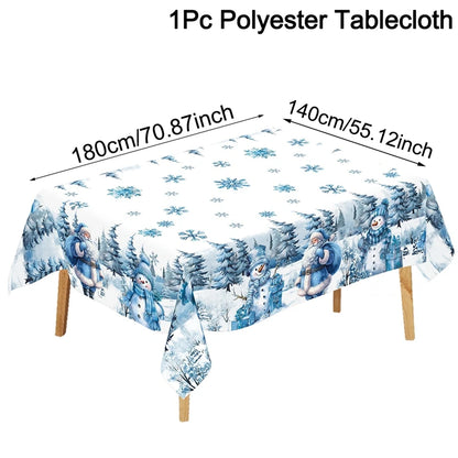 Blue Santa Claus Snowman Christmas Tablecloth Winter Wonderland Table Cover Christmas Decorations for Home 2025 Navidad Gifts