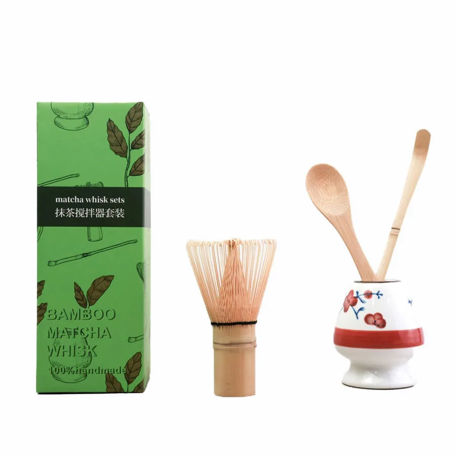 4pcs/set Matcha Set Bamboo Whisk Tea spoon Ceramic fittings Matcha Whisk (Chasen) Tea Spoon And Scoop (Chashaku) Tea-making Tool
