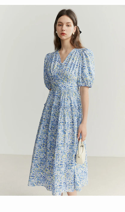 FSLE Blue Romantic Floral Dress Women Elegant Vintage High Waist V-neck Puff Sleeve Summer Printing Female Cotton Long Skirts